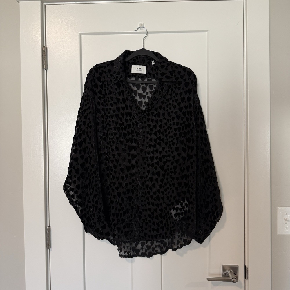 AMI Alexandre Mattiussi Black Heart Motif Button Shirt NEW Silk Blend Size 39 - Picture 2 of 5